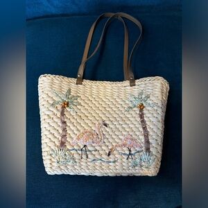 Capelli Straw Wicker Flamingo Palm Tree Beach Hand Shoulder Bag Purse 2002
